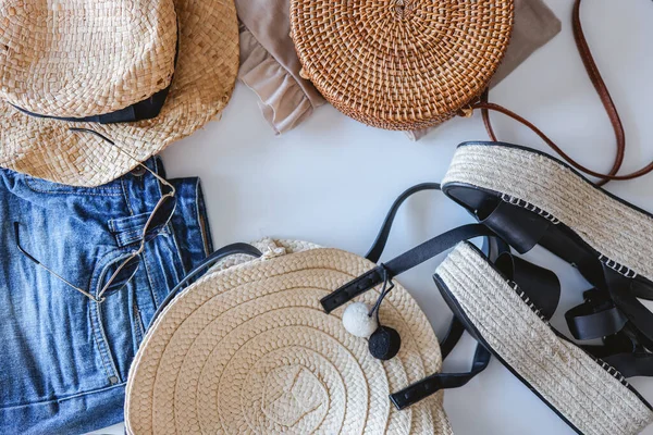 Women Summer Clothes Collage White Flat Lay Woven Sandals Rattan — ストック写真