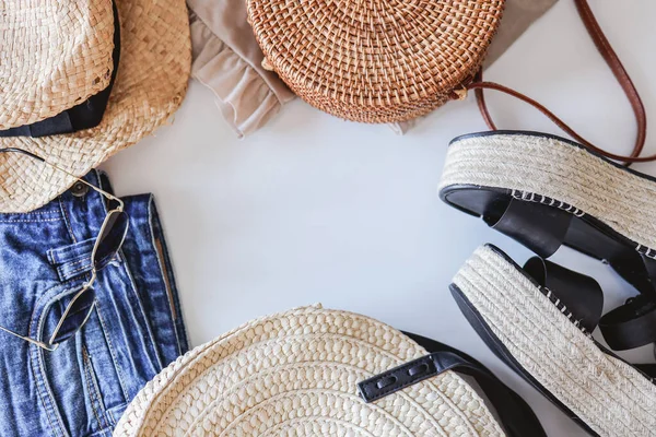 Women Summer Clothes Collage White Flat Lay Woven Sandals Rattan — ストック写真