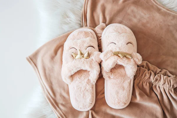 Home Slippers Cozy Pajamas Fluffy White Plaid — Stock Photo, Image