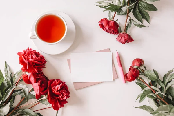 Postcard Place Text Peonies Flat Lay Top View — Stockfoto