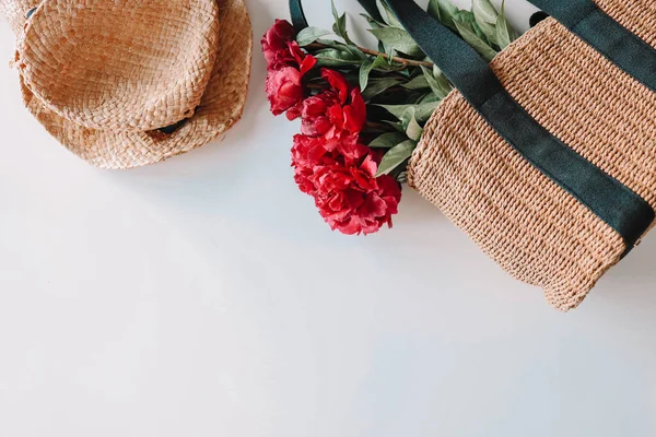 Wicker Hat Bag Peonies Summer Photography Space Text — Stockfoto