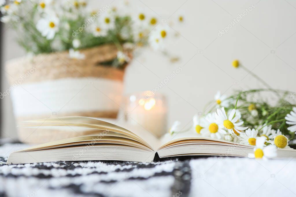 An open book and a bouquet of daisies, atmospheric aesthetic photography.