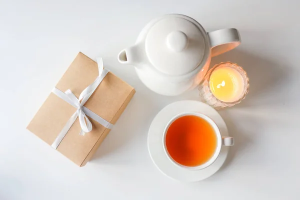Tea Teapot Candle White Background Cozy Warm Photo — Stock Photo, Image