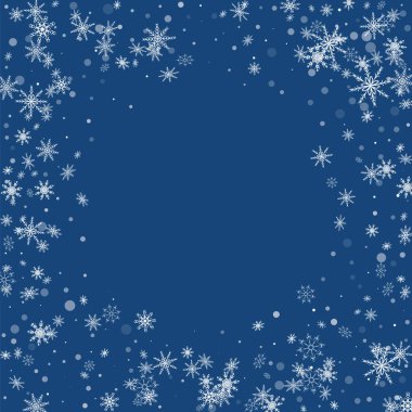 Noel arkaplanı. Mavi arka planda beyaz, narin kar taneleri uçuşuyor. Yeni yıl şenlik tasarımı