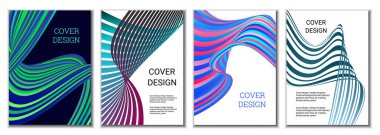 Dergiler, afişler, posterler için kapak tasarımı. 4 kapak. Çok renkli dalgalı paralel eğimli çizgiler veya kurdeleler.