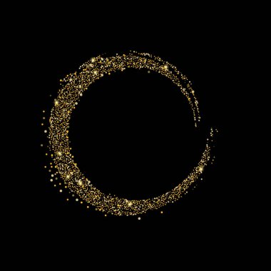 Siyah arka planda altın parıltısı konfetisi. Daire şeklinde dağılmış parlak parçacıklar, kum. Dekoratif element, altın zen. Tasarımınız, kartpostalınız, vektörünüz için lüks arkaplan