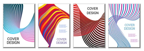Un conjunto de 4 cubiertas abstractas. Líneas onduladas de gradiente paralelo, cintas evolucionan. Diseño de la cubierta, fondo. Banner de moda, cartel. — Archivo Imágenes Vectoriales