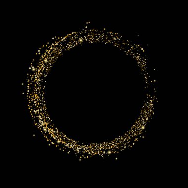 Siyah arka planda altın parıltısı konfetisi. Parlak parçacıklar dağılmış, kum. Dekoratif unsur. Tasarımınız, kartlarınız, davetiyeleriniz, vektörünüz için lüks bir arkaplan