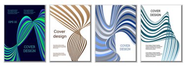 Dergiler, afişler, posterler için kapak tasarımı. 4 kapak. Çok renkli dalgalı paralel eğimli çizgiler veya kurdeleler.