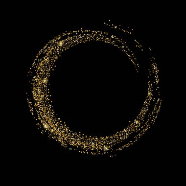 Siyah arka planda altın parıltısı konfetisi. Parlak parçacıklar dağılmış, kum. Dekoratif unsur. Tasarımınız, kartlarınız, davetiyeleriniz, vektörünüz için lüks bir arkaplan