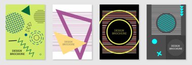 Geometrik kapak tasarımı, hazır. Memphis tarzında soyut sıradışı bir geçmiş. Rastgele sıralanmış parlak geometrik şekiller