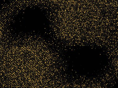 Altın kum. Siyah arka planda altın parıltısı konfetisi. Parlak kum tanecikleri daire şeklinde dağılmış. Dekoratif eşyalar. Tasarımınız, tebrik kartlarınız, davetiyeleriniz, vektörünüz için lüks bir arkaplan