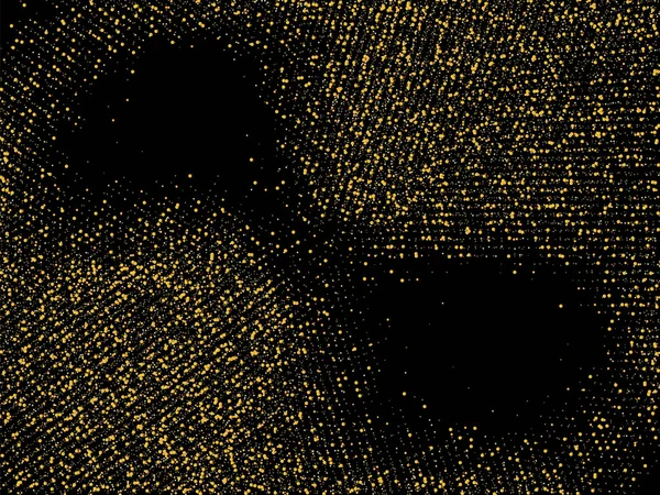 Altın kum. Siyah arka planda altın parıltısı konfetisi. Parlak kum tanecikleri daire şeklinde dağılmış. Dekoratif eşyalar. Tasarımınız, tebrik kartlarınız, davetiyeleriniz, vektörünüz için lüks bir arkaplan
