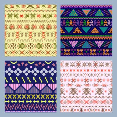 Soyut şekilli çok renkli vektörsüz desen. Geometrik resim baskısı. Etnik hipster geçmişi. Duvar kağıdı, kumaş tasarımı, kumaş, tekstil.