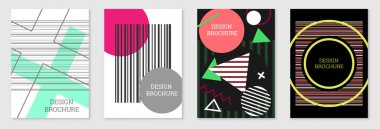 Geometrik kapak tasarımı, hazır. Memphis tarzında soyut sıradışı bir geçmiş. Rastgele sıralanmış parlak geometrik şekiller