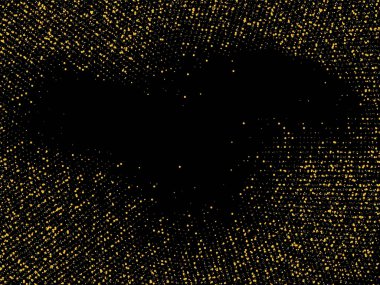Altın kum. Siyah arka planda altın parıltısı konfetisi. Parlak kum tanecikleri daire şeklinde dağılmış. Dekoratif eşyalar. Tasarımınız, tebrik kartlarınız, davetiyeleriniz, vektörünüz için lüks bir arkaplan