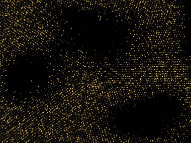 Altın kum. Siyah arka planda altın parıltısı konfetisi. Parlak kum tanecikleri daire şeklinde dağılmış. Dekoratif eşyalar. Tasarımınız, tebrik kartlarınız, davetiyeleriniz, vektörünüz için lüks bir arkaplan