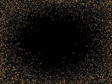 Altın kum. Siyah arka planda altın parıltısı konfetisi. Parlak kum tanecikleri daire şeklinde dağılmış. Dekoratif eşyalar. Tasarımınız, tebrik kartlarınız, davetiyeleriniz, vektörünüz için lüks bir arkaplan