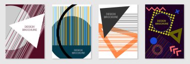 Geometrik kapak tasarımı, hazır. Memphis tarzında soyut sıradışı bir geçmiş. Rastgele sıralanmış parlak geometrik şekiller