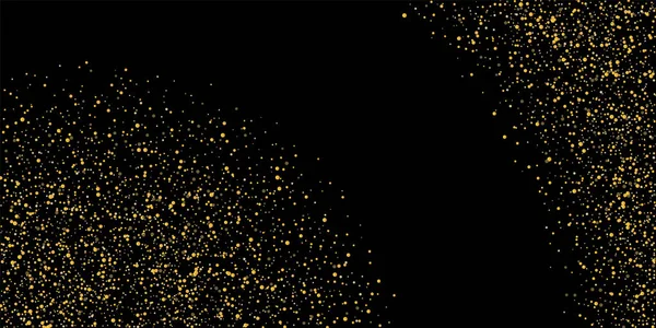 Zlaté třpytky konfety na černém pozadí. Lesklé pískové částice jsou rozptýleny. Dekorativní předměty. Luxusní zázemí pro váš design, blahopřání, pozvánky, vektor — Stockový vektor