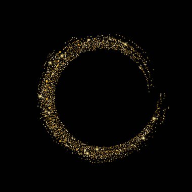 Siyah arka planda altın parıltısı konfetisi. Parlak parçacıklar dağılmış, kum. Dekoratif unsur. Tasarımınız, kartlarınız, davetiyeleriniz, vektörünüz için lüks bir arkaplan