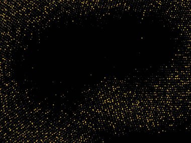 Altın kum. Siyah arka planda altın parıltısı konfetisi. Parlak kum tanecikleri daire şeklinde dağılmış. Dekoratif eşyalar. Tasarımınız, tebrik kartlarınız, davetiyeleriniz, vektörünüz için lüks bir arkaplan