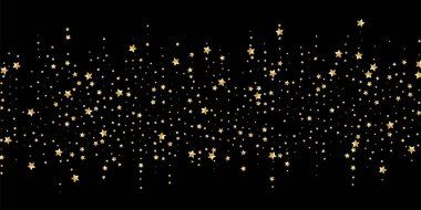 Siyah arka planda altın parıldayan konfeti. Küçük yıldızlar. Tebrik kartı veya afiş arkaplanı için şenlikli lüks arkaplan