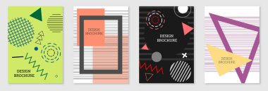 Geometrik kapak tasarımı, hazır. Memphis tarzında soyut sıradışı bir geçmiş. Rastgele sıralanmış parlak geometrik şekiller