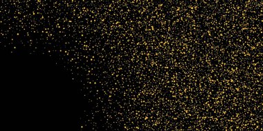 Altın kum. Siyah arka planda altın parıltısı konfetisi. Parlak kum tanecikleri dağılmış. Dekoratif eşyalar. Tasarımınız, tebrik kartlarınız, davetiyeleriniz, vektörünüz için lüks bir arkaplan