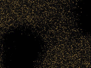 Altın kum. Siyah arka planda altın parıltısı konfetisi. Parlak kum tanecikleri daire şeklinde dağılmış. Dekoratif eşyalar. Tasarımınız, tebrik kartlarınız, davetiyeleriniz, vektörünüz için lüks bir arkaplan
