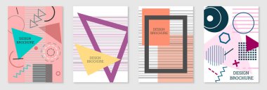 Geometrik kapak tasarımı, hazır. Memphis tarzında soyut sıradışı bir geçmiş. Rastgele sıralanmış parlak geometrik şekiller