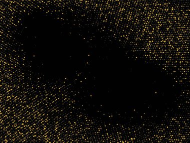 Altın kum. Siyah arka planda altın parıltısı konfetisi. Parlak kum tanecikleri daire şeklinde dağılmış. Dekoratif eşyalar. Tasarımınız, tebrik kartlarınız, davetiyeleriniz, vektörünüz için lüks bir arkaplan