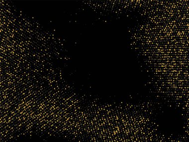 Altın kum. Siyah arka planda altın parıltısı konfetisi. Parlak kum tanecikleri daire şeklinde dağılmış. Dekoratif eşyalar. Tasarımınız, tebrik kartlarınız, davetiyeleriniz, vektörünüz için lüks bir arkaplan