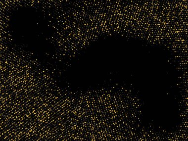 Altın kum. Siyah arka planda altın parıltısı konfetisi. Parlak kum tanecikleri daire şeklinde dağılmış. Dekoratif eşyalar. Tasarımınız, tebrik kartlarınız, davetiyeleriniz, vektörünüz için lüks bir arkaplan