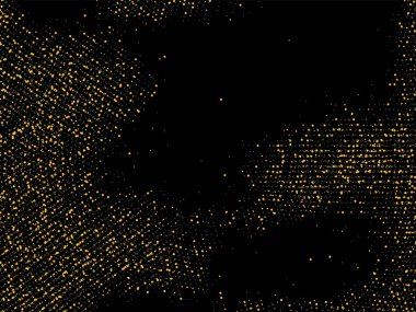 Altın kum. Siyah arka planda altın parıltısı konfetisi. Parlak kum tanecikleri daire şeklinde dağılmış. Dekoratif eşyalar. Tasarımınız, tebrik kartlarınız, davetiyeleriniz, vektörünüz için lüks bir arkaplan