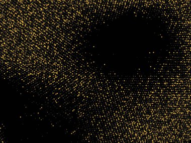 Altın kum. Siyah arka planda altın parıltısı konfetisi. Parlak kum tanecikleri daire şeklinde dağılmış. Dekoratif eşyalar. Tasarımınız, tebrik kartlarınız, davetiyeleriniz, vektörünüz için lüks bir arkaplan