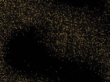 Altın kum. Siyah arka planda altın parıltısı konfetisi. Parlak kum tanecikleri daire şeklinde dağılmış. Dekoratif eşyalar. Tasarımınız, tebrik kartlarınız, davetiyeleriniz, vektörünüz için lüks bir arkaplan