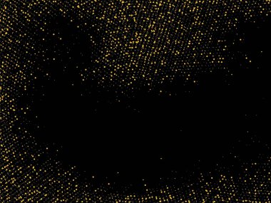 Altın kum. Siyah arka planda altın parıltısı konfetisi. Parlak kum tanecikleri daire şeklinde dağılmış. Dekoratif eşyalar. Tasarımınız, tebrik kartlarınız, davetiyeleriniz, vektörünüz için lüks bir arkaplan