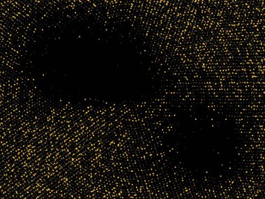 Altın kum. Siyah arka planda altın parıltısı konfetisi. Parlak kum tanecikleri daire şeklinde dağılmış. Dekoratif eşyalar. Tasarımınız, tebrik kartlarınız, davetiyeleriniz, vektörünüz için lüks bir arkaplan