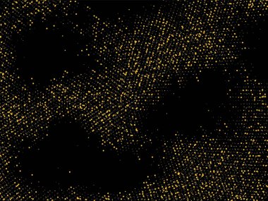 Altın kum. Siyah arka planda altın parıltısı konfetisi. Parlak kum tanecikleri daire şeklinde dağılmış. Dekoratif eşyalar. Tasarımınız, tebrik kartlarınız, davetiyeleriniz, vektörünüz için lüks bir arkaplan
