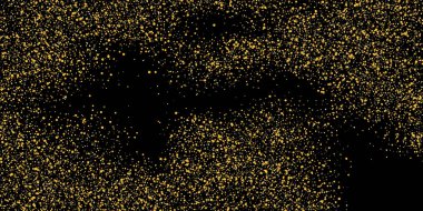 Altın kum. Siyah arka planda altın parıltısı konfetisi. Parlak kum tanecikleri dağılmış. Dekoratif eşyalar. Tasarımınız, tebrik kartlarınız, davetiyeleriniz, vektörünüz için lüks bir arkaplan