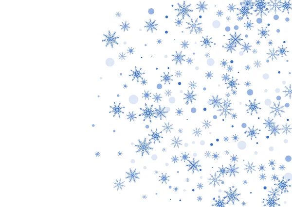 Vánoční Pozadí Modré Jemné Prolamované Sněhové Vločky Létají Bílém Pozadí — Stockový vektor