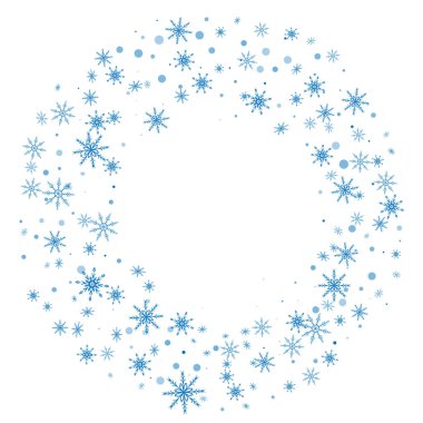 Noel arkaplanı. Mavi narin kar taneleri beyaz arka planda uçar. Şenlikli