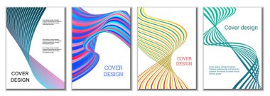 Dergiler, afişler, posterler için kapak tasarımı. 4 kapak. Çok renkli dalgalı paralel eğimli çizgiler veya kurdeleler.