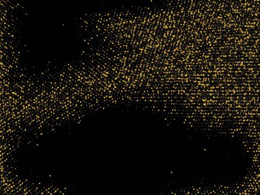 Siyah arka planda altın parıltısı konfetisi. Parlak kum tanecikleri daire şeklinde dağılmış. Dekoratif eşyalar. Tasarımınız, tebrik kartlarınız, davetiyeleriniz, vektörünüz için lüks bir arkaplan