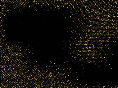 Altın kum. Siyah arka planda altın parıltısı konfetisi. Parlak kum tanecikleri daire şeklinde dağılmış. Dekoratif eşyalar. Tasarımınız, tebrik kartlarınız, davetiyeleriniz, vektörünüz için lüks bir arkaplan