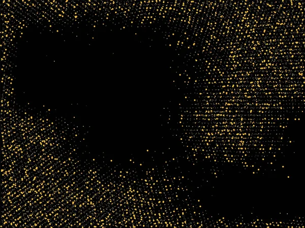 Altın kum. Siyah arka planda altın parıltısı konfetisi. Parlak kum tanecikleri daire şeklinde dağılmış. Dekoratif eşyalar. Tasarımınız, tebrik kartlarınız, davetiyeleriniz, vektörünüz için lüks bir arkaplan