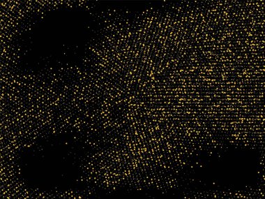 Altın kum. Siyah arka planda altın parıltısı konfetisi. Parlak kum tanecikleri daire şeklinde dağılmış. Dekoratif eşyalar. Tasarımınız, tebrik kartlarınız, davetiyeleriniz, vektörünüz için lüks bir arkaplan