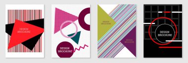 Geometrik kapak tasarımı, hazır. Memphis tarzında soyut sıradışı bir geçmiş. Rastgele sıralanmış parlak geometrik şekiller