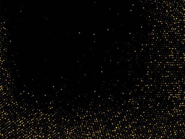 Altın kum. Siyah arka planda altın parıltısı konfetisi. Parlak kum tanecikleri daire şeklinde dağılmış. Dekoratif eşyalar. Tasarımınız, tebrik kartlarınız, davetiyeleriniz, vektörünüz için lüks bir arkaplan